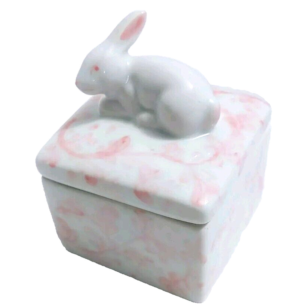 Rabbit Trinket Box Whtie-Pink-Porcelain Andrea by Sadek -3 inch